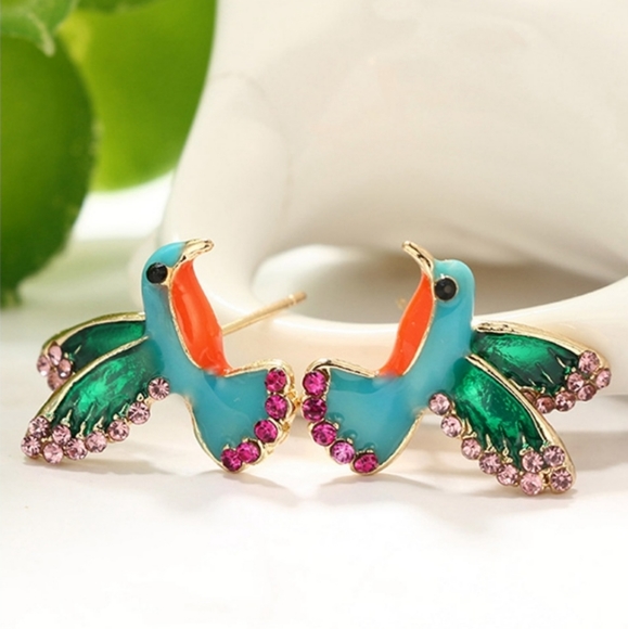 Colorful Hummingbird Rhinestone Earrings - Picture 7 of 7